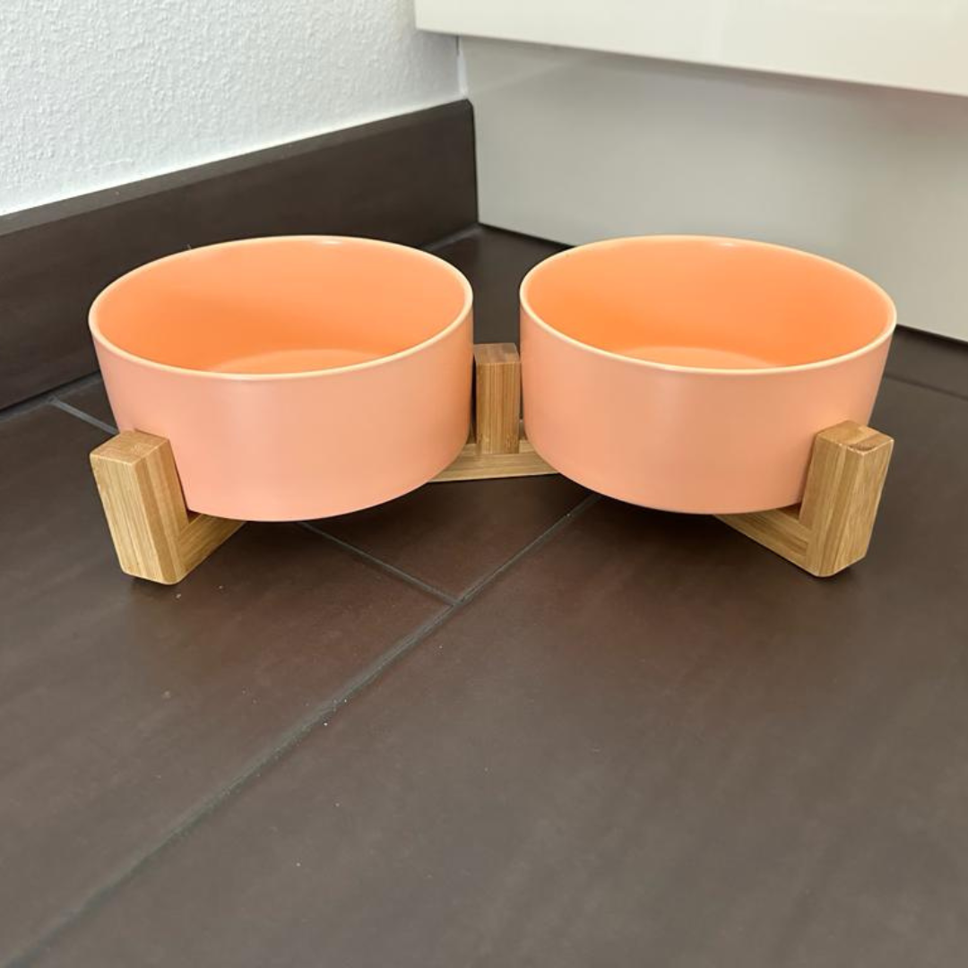 Keramikdoppelnapf mit Bambusständer